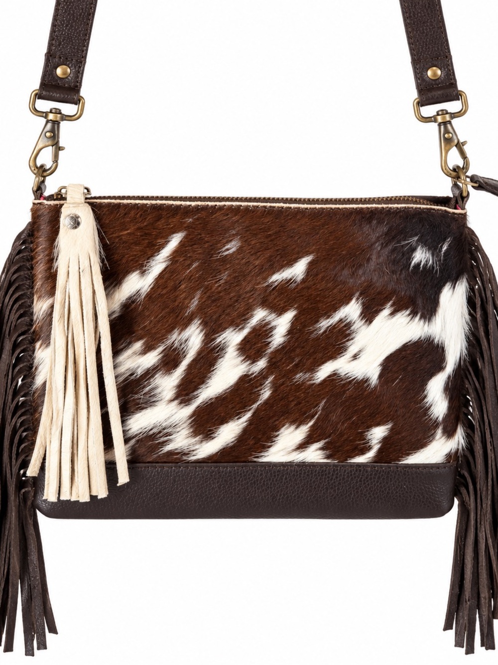 Raviani Brown & White Cowhide Fringe Crossbody Bag - Unbranded
